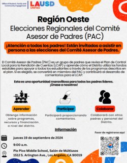 Region West Parent Advisory Committee Elections Flyer / Folleto sobre las elecciones del Comité Asesor de Padres de la Región Oeste